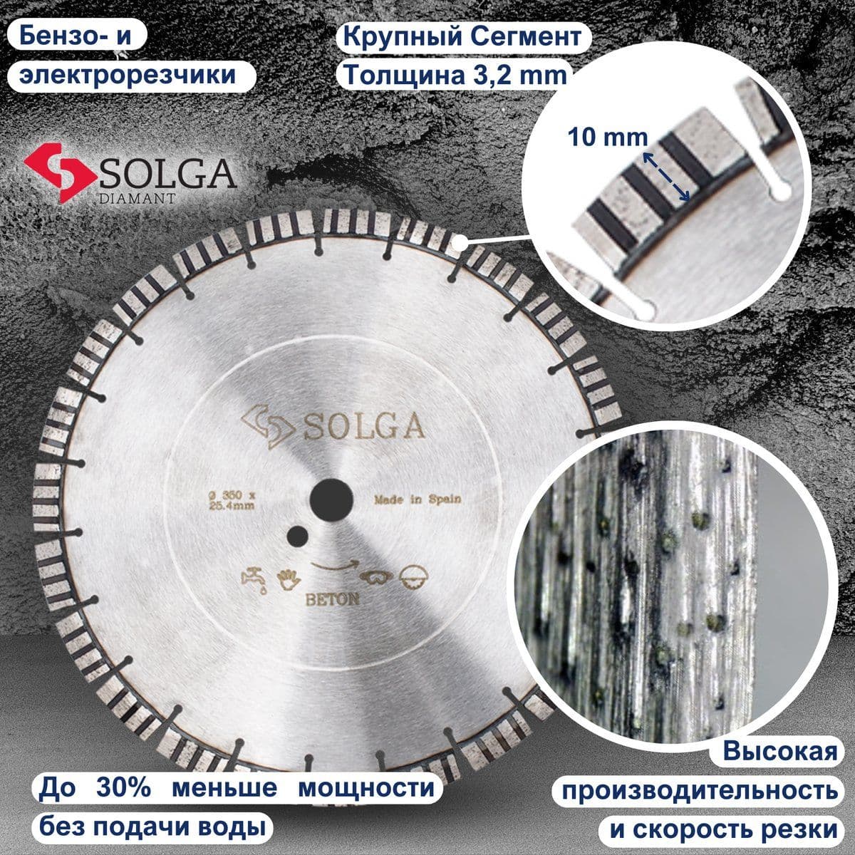 Диск алмазный СОЛГА ДИАМАНТ (Solga Diamant) ПРОФЕССИОНАЛ 10 (PROFESSIONAL 10) сегментный по железобетону 350х25,4 мм (23116350) - изображение 5