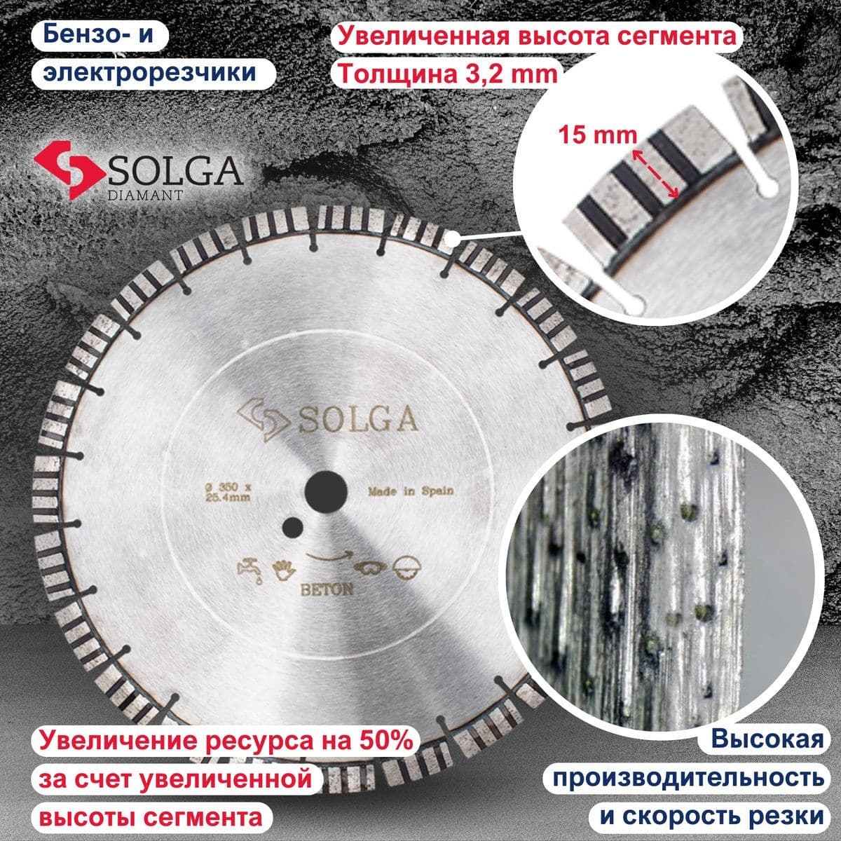 Диск алмазный СОЛГА ДИАМАНТ (Solga Diamant) ПРОФЕССИОНАЛ 15 (PROFESSIONAL 15) сегментный по асфальту 350х25,4/20 мм  (23117350) - изображение 4